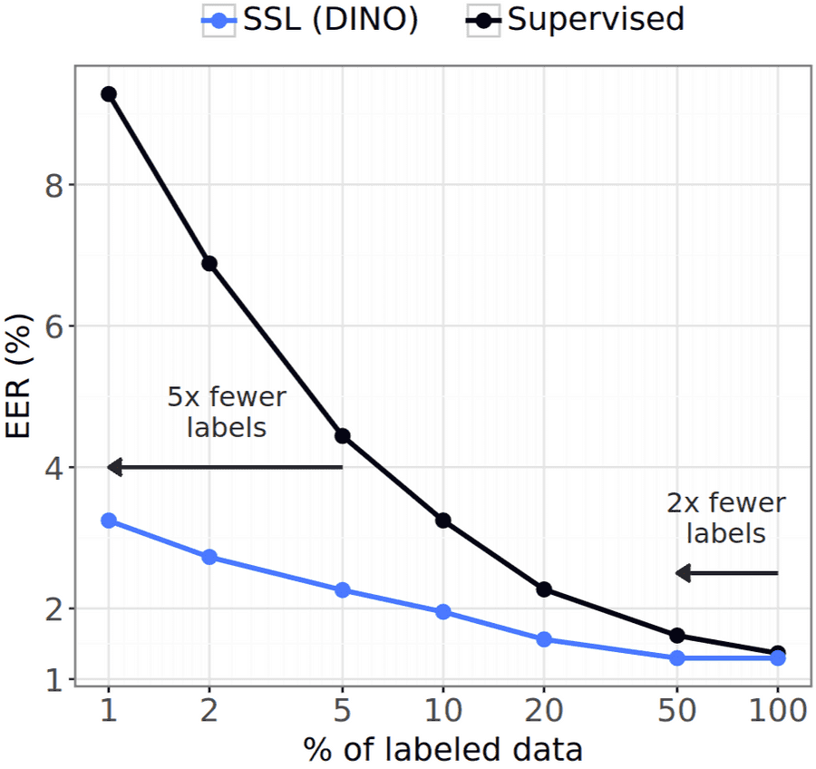 Evaluation of DINO fine-tuned with different percentages of labeled data on speaker verification.